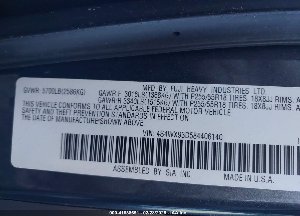 2008 SUBARU TRIBECA VIN: 4S4WX93D584406140
