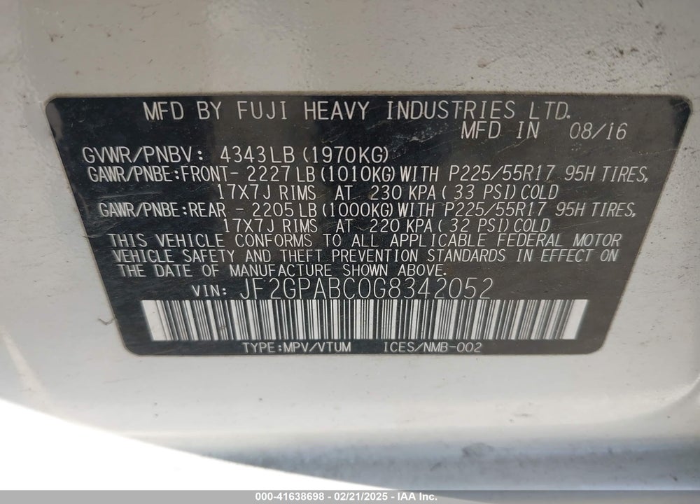 2016 SUBARU CROSSTREK 2.0I PREMIUM VIN: JF2GPABC0G8342052