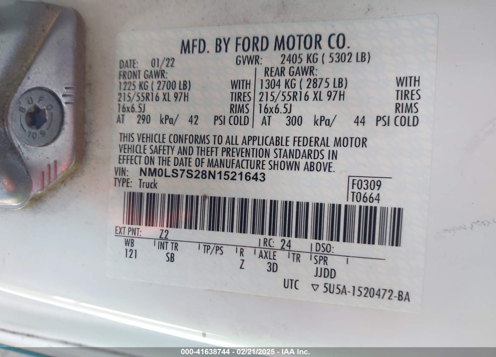 2022 FORD TRANSIT CONNECT VIN: NM0LS7S28N1521643