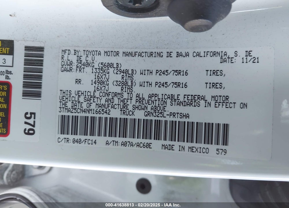 2022 TOYOTA TACOMA VIN: 3TMAZ5CN4NM166542