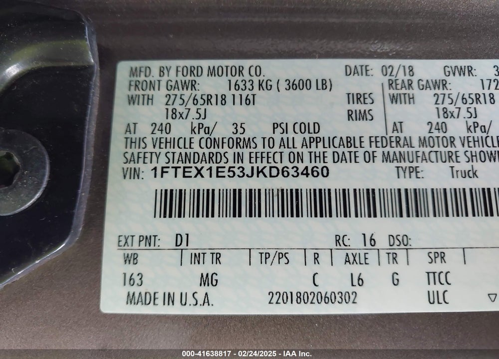 2018 FORD F-150 VIN: 1FTEX1E53JKD63460