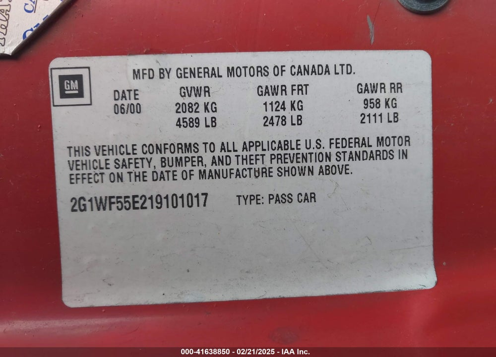 2001 CHEVROLET IMPALA VIN: 2G1WF55E219101017
