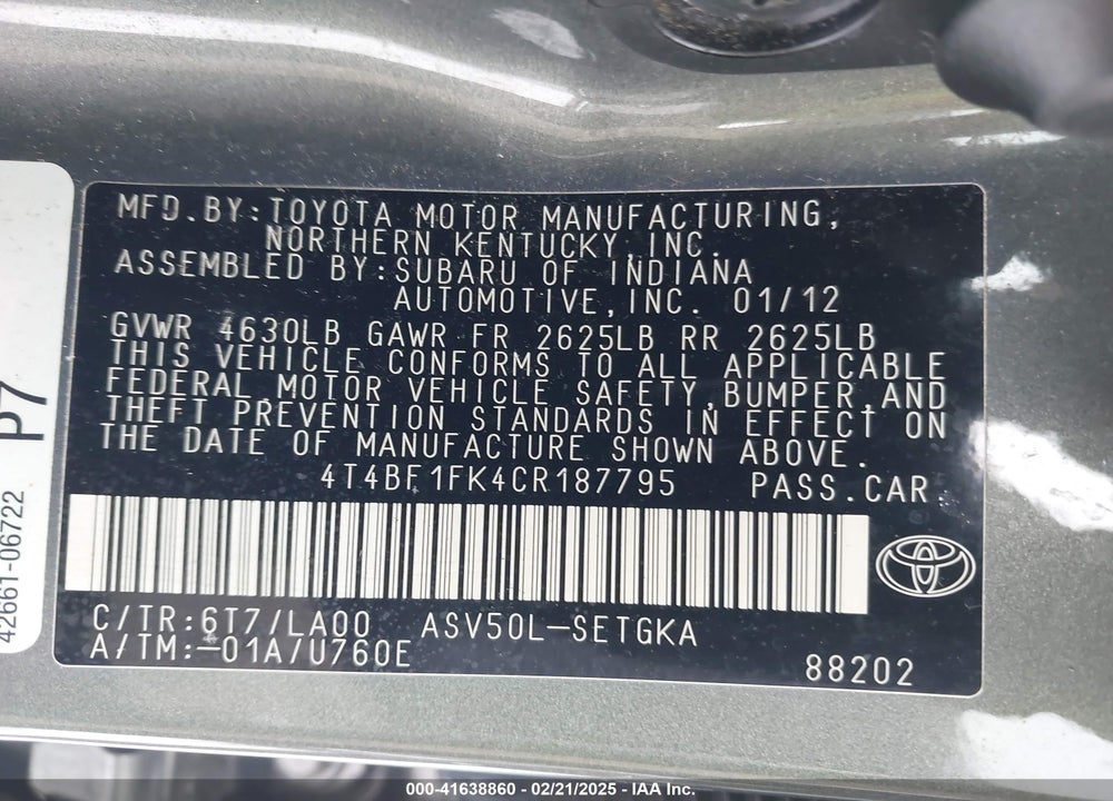 2012 TOYOTA CAMRY VIN: 4T4BF1FK4CR187795