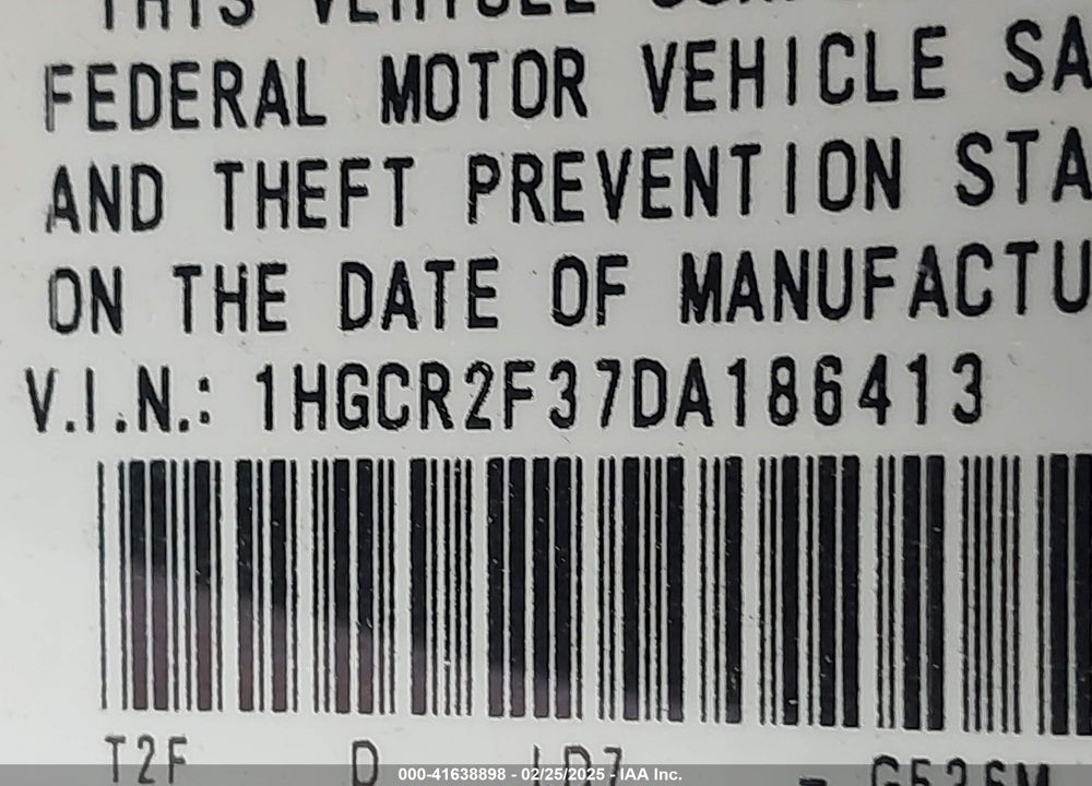 2013 HONDA ACCORD VIN: 1HGCR2F37DA186413