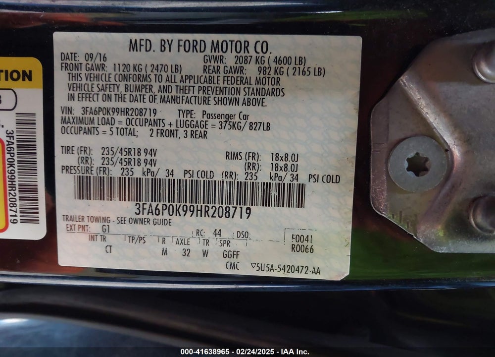 2017 FORD FUSION VIN: 3FA6P0K99HR208719