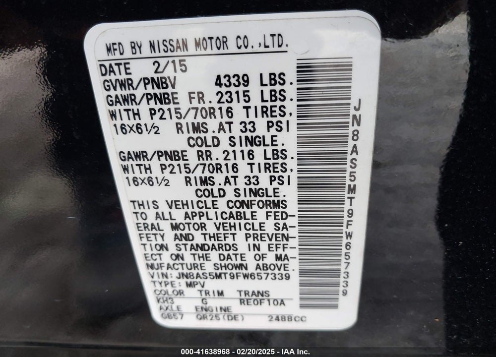 2015 NISSAN ROGUE SELECT S VIN: JN8AS5MT9FW657339
