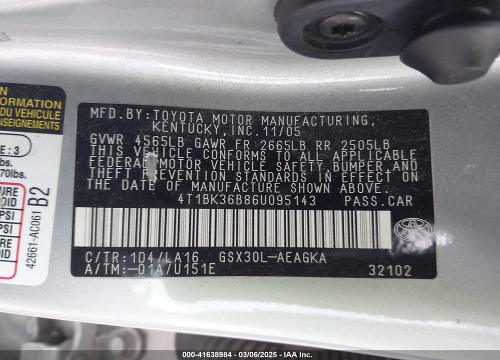 2006 TOYOTA AVALON VIN: 4T1BK36B86U095143