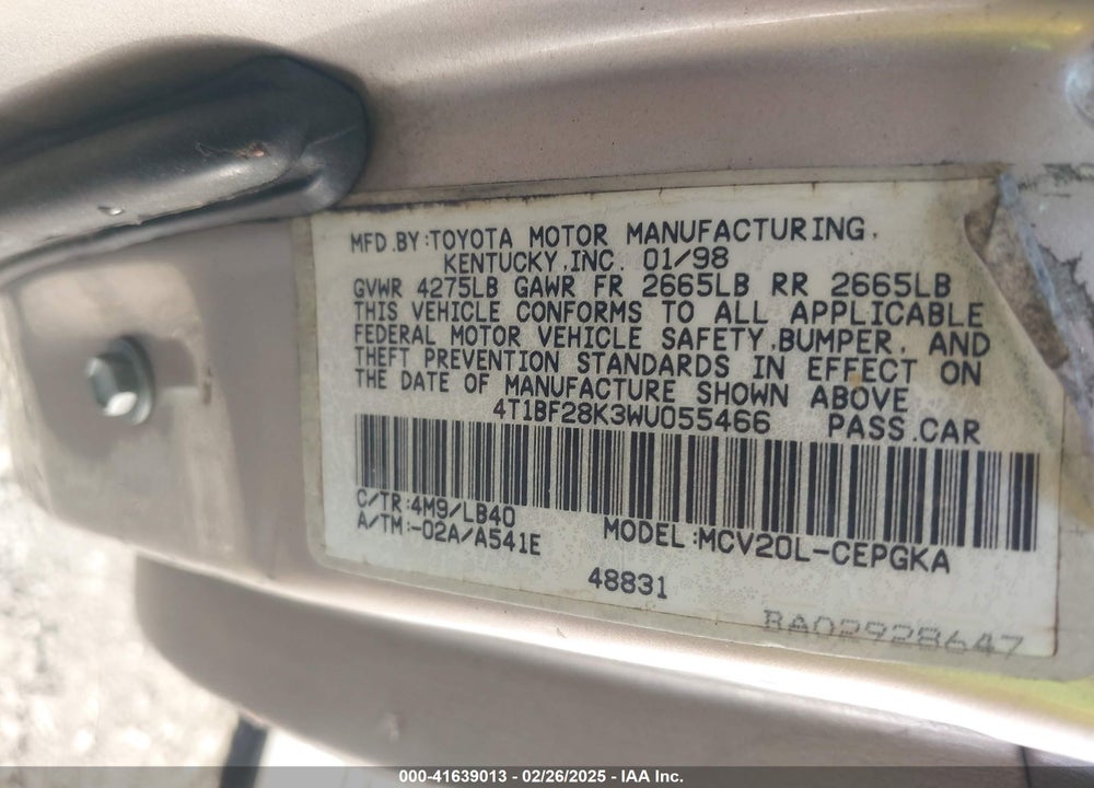 1998 TOYOTA CAMRY XLE V6 VIN: 4T1BF28K3WU055466