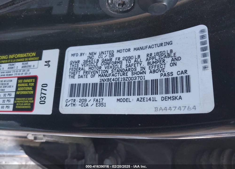 2009 TOYOTA COROLLA XRS VIN: 1NXBE40E19Z003701