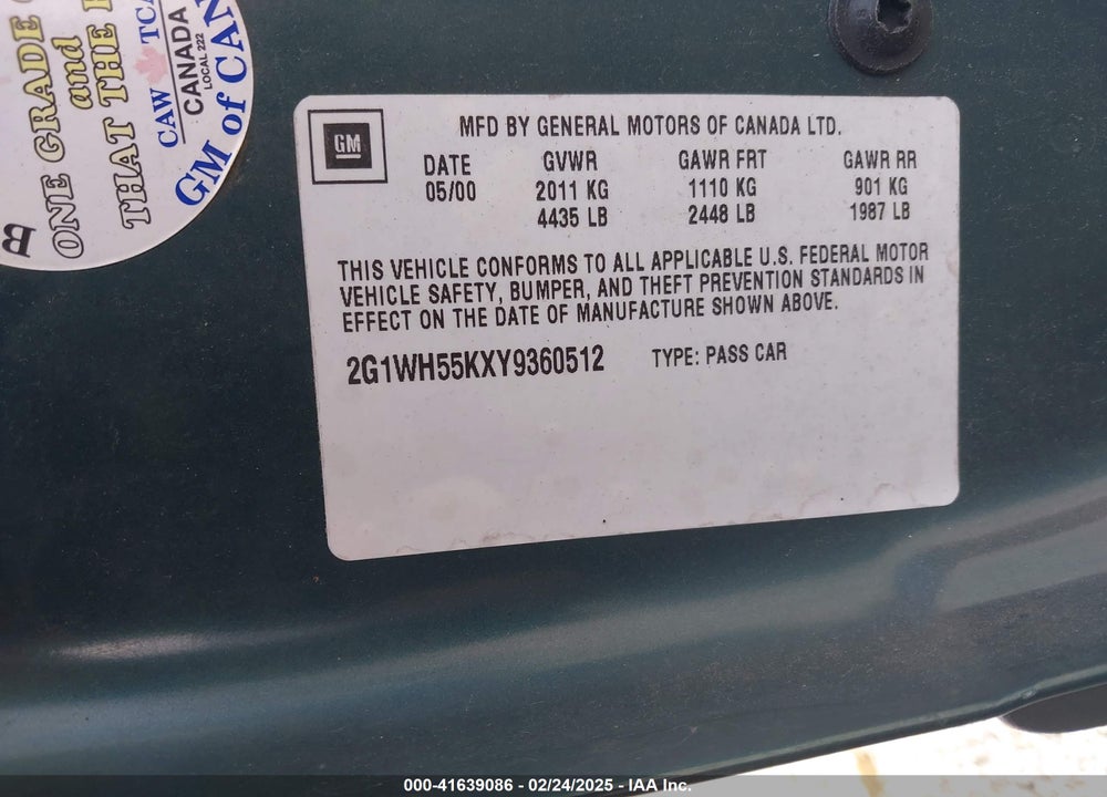 2000 CHEVROLET IMPALA LS VIN: 2G1WH55KXY9360512