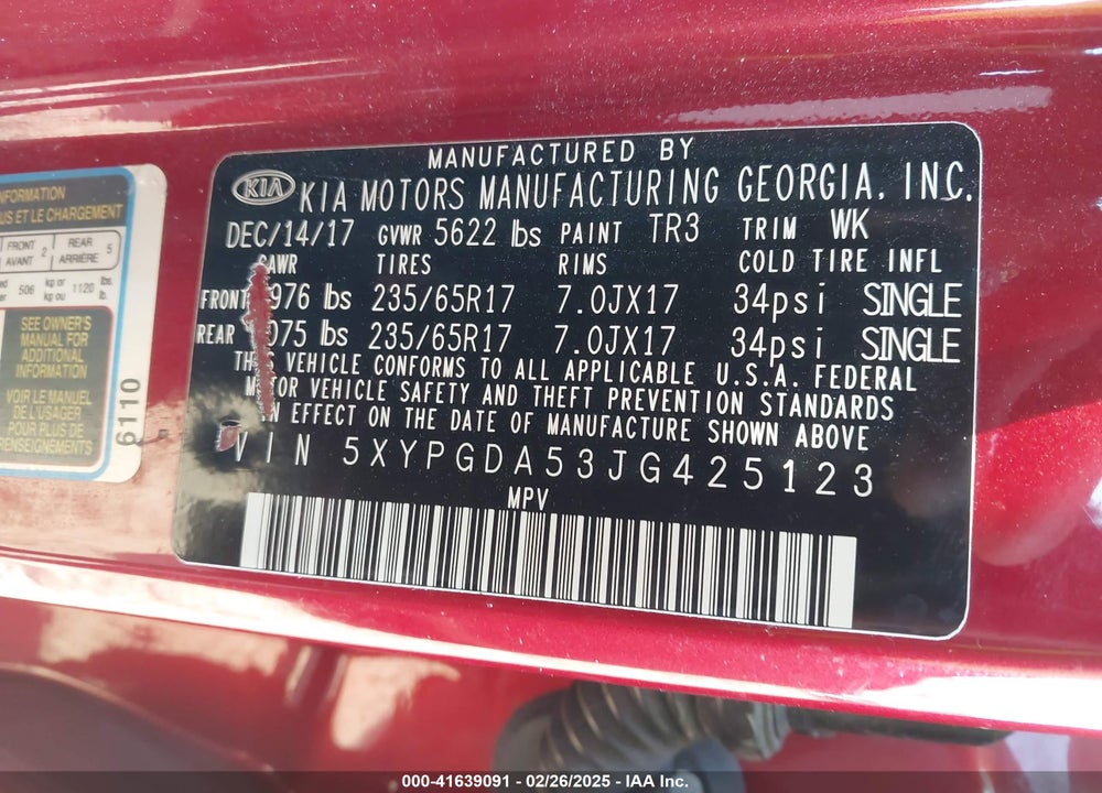 2018 KIA SORENTO VIN: 5XYPGDA53JG425123