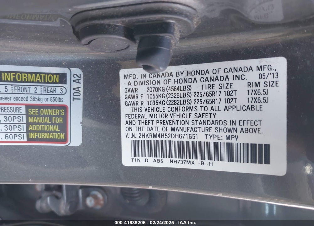 2013 HONDA CR-V EX VIN: 2HKRM4H52DH671651