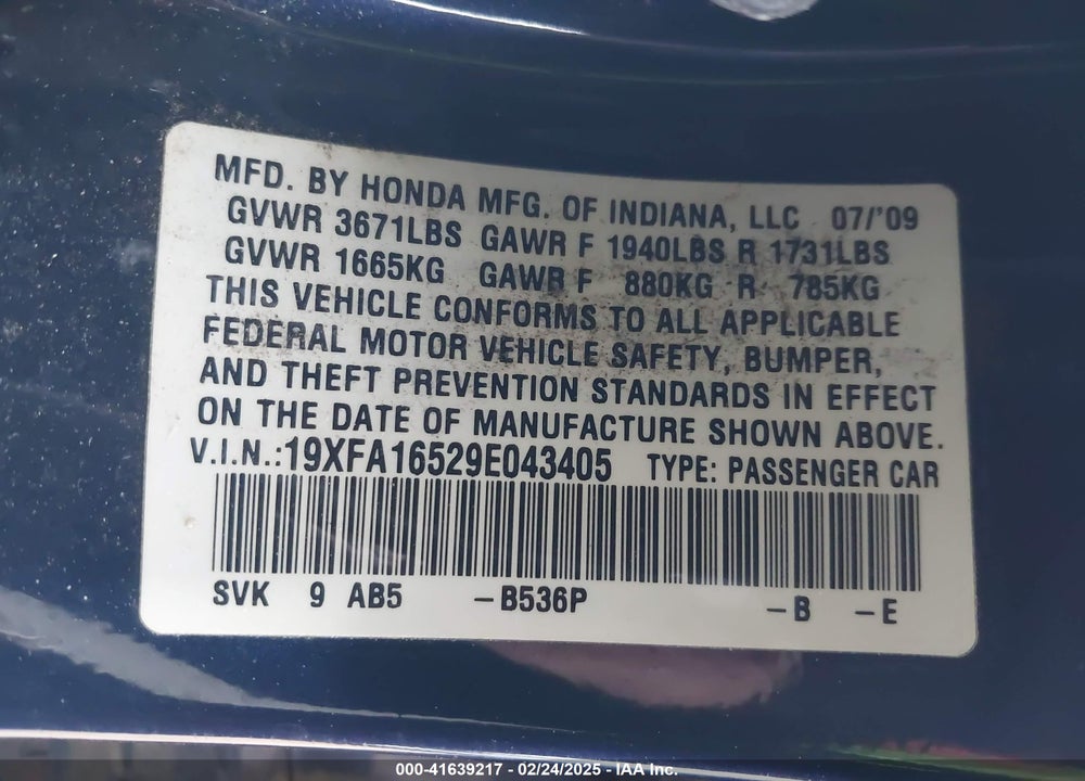2009 HONDA CIVIC LX VIN: 19XFA16529E043405