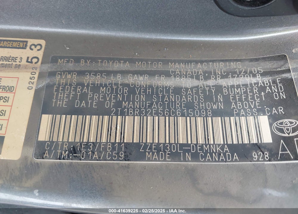 2006 TOYOTA COROLLA VIN: 2T1BR32E56C615098
