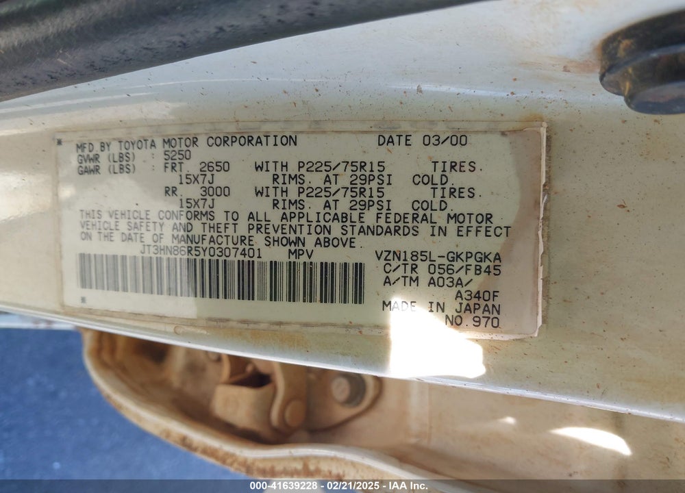 2000 TOYOTA 4RUNNER SR5 V6 VIN: JT3HN86R5Y0307401