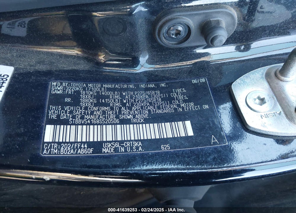 2008 TOYOTA TUNDRA SR5 5.7L V8 VIN: 5TBBV54168S520506