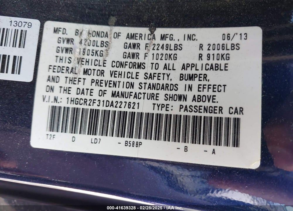 2013 HONDA ACCORD VIN: 1HGCR2F31DA227621
