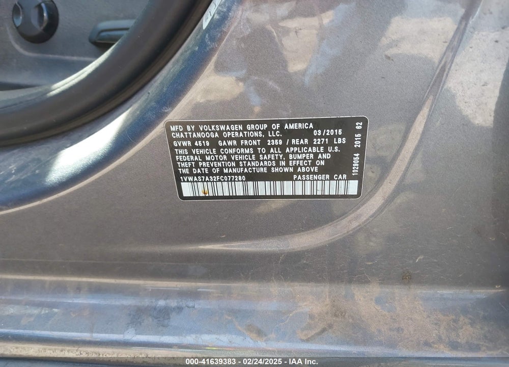 2015 VOLKSWAGEN PASSAT VIN: 1VWAS7A32FC077280