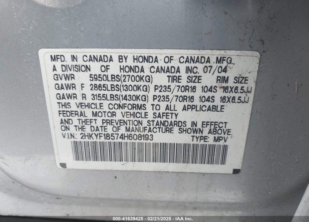 2004 HONDA PILOT EX-L VIN: 2HKYF18574H608193