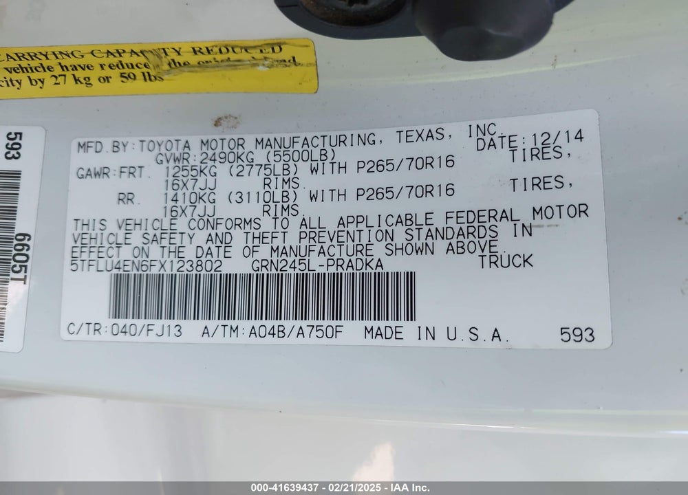 2015 TOYOTA TACOMA VIN: 5TFLU4EN6FX123802