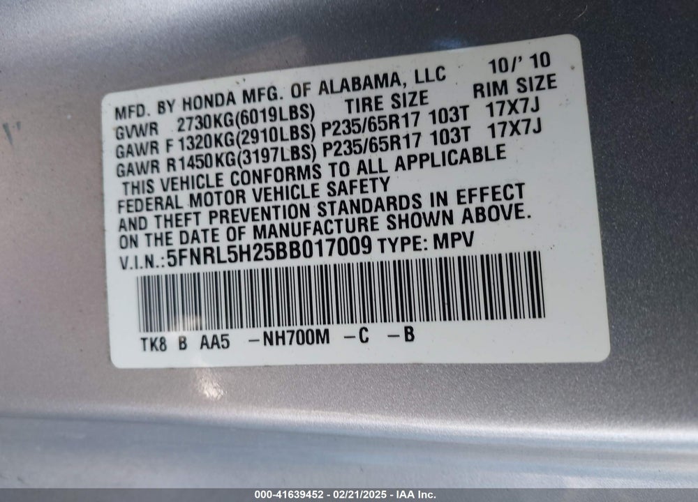 2011 HONDA ODYSSEY LX VIN: 5FNRL5H25BB017009
