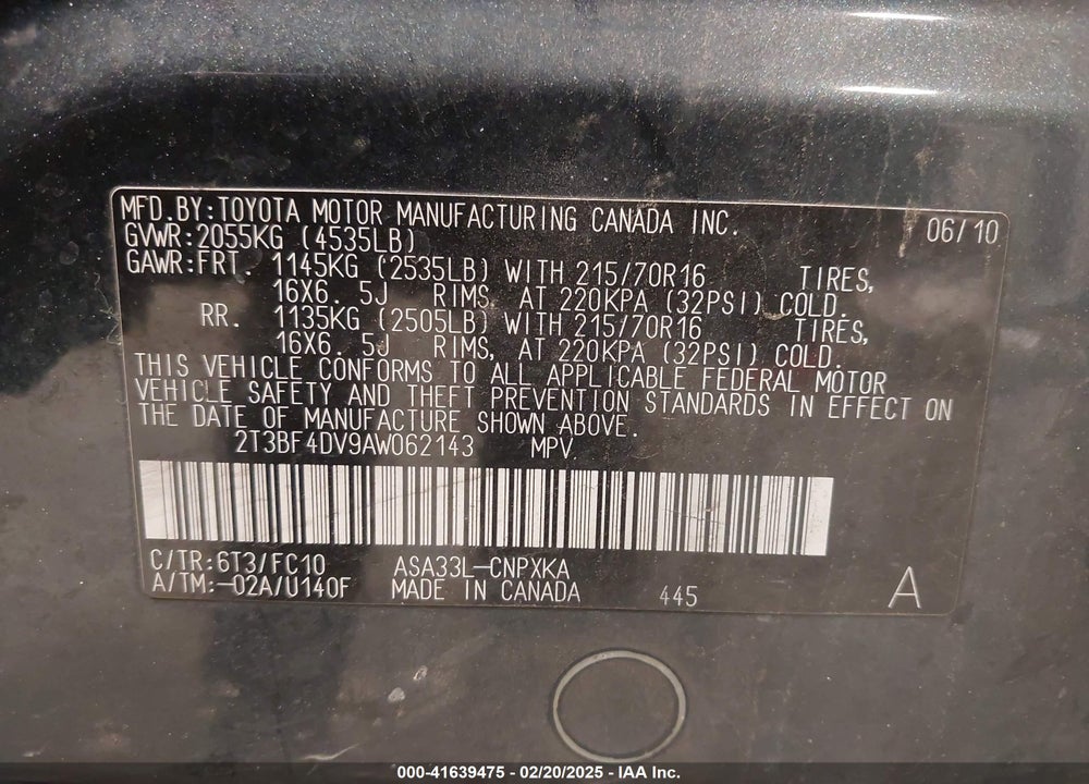 2010 TOYOTA RAV4 VIN: 2T3BF4DV9AW062143