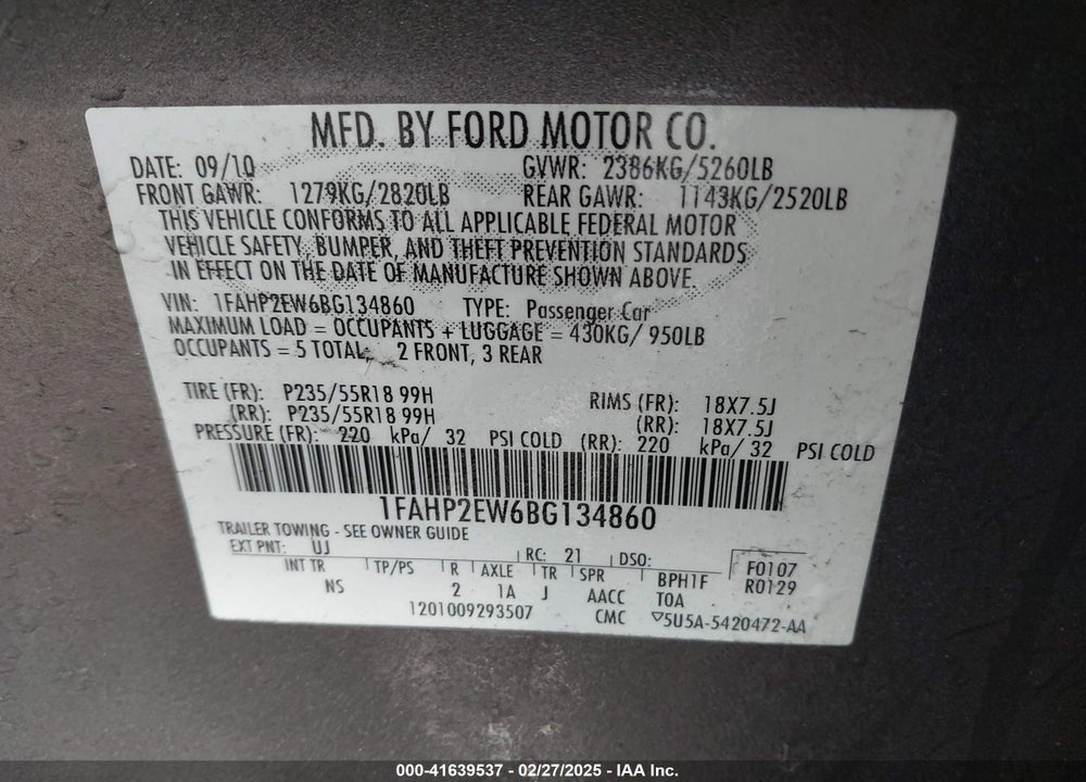 2011 FORD TAURUS SEL VIN: 1FAHP2EW6BG134860