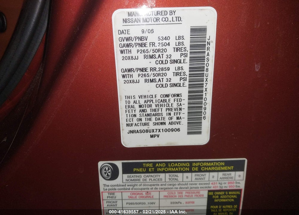 2007 INFINITI FX35 VIN: JNRAS08UX7X100906