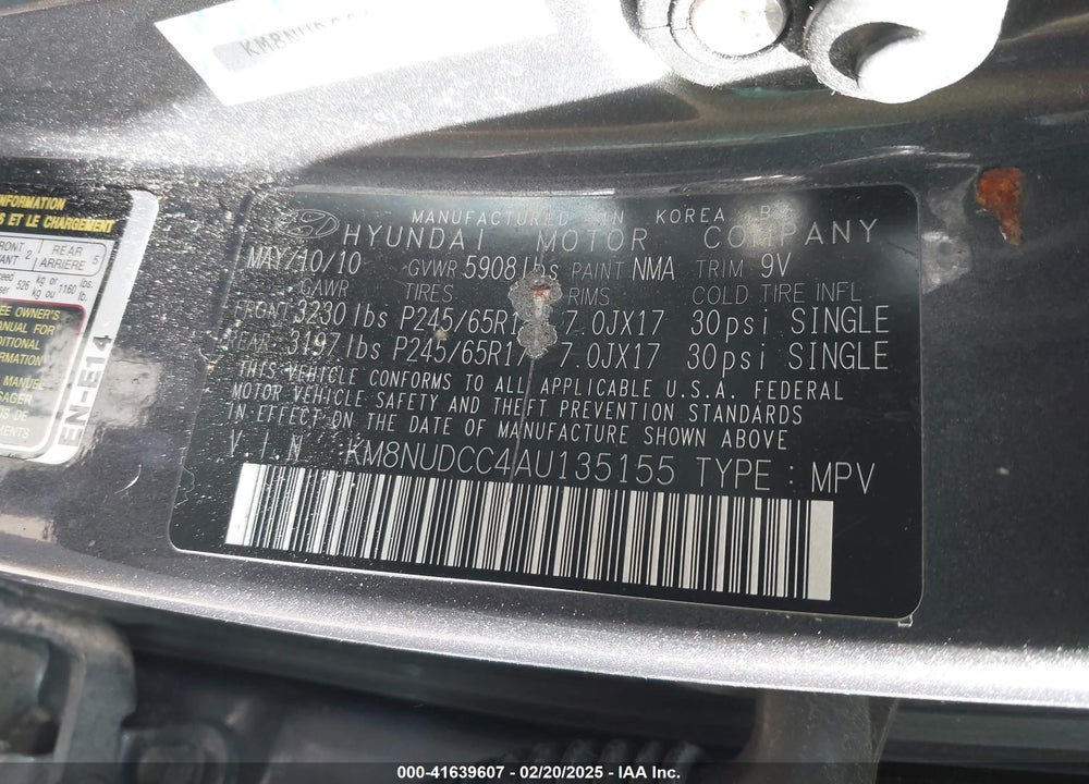 2010 HYUNDAI VERACRUZ GLS VIN: KM8NUDCC4AU135155