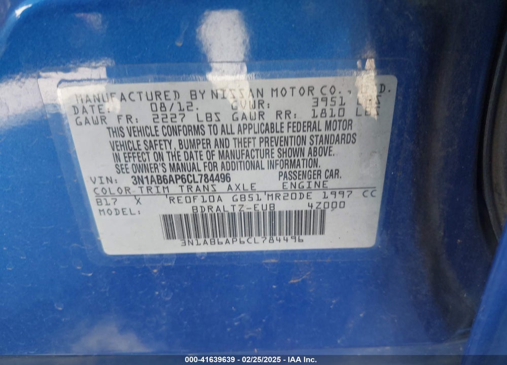 2012 NISSAN SENTRA VIN: 3N1AB6AP6CL784496