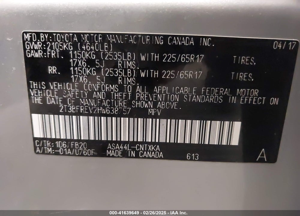2017 TOYOTA RAV4 VIN: 2T3BFREV2HW638757