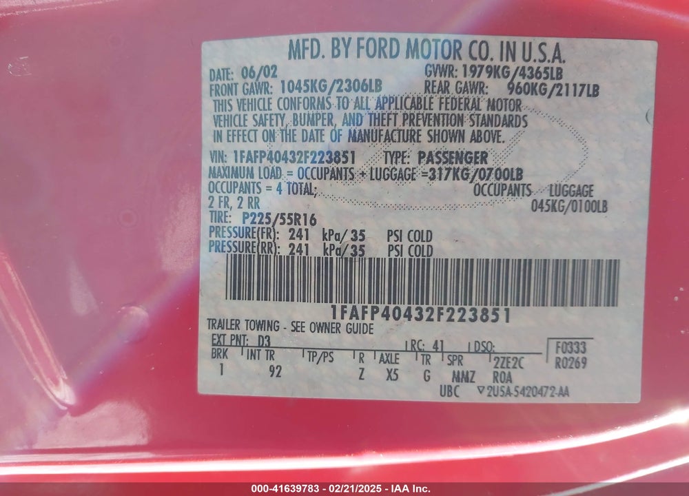 2002 FORD MUSTANG VIN: 1FAFP40432F223851