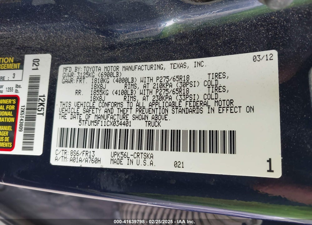 2012 TOYOTA TUNDRA VIN: 5TFUM5F11CX034401