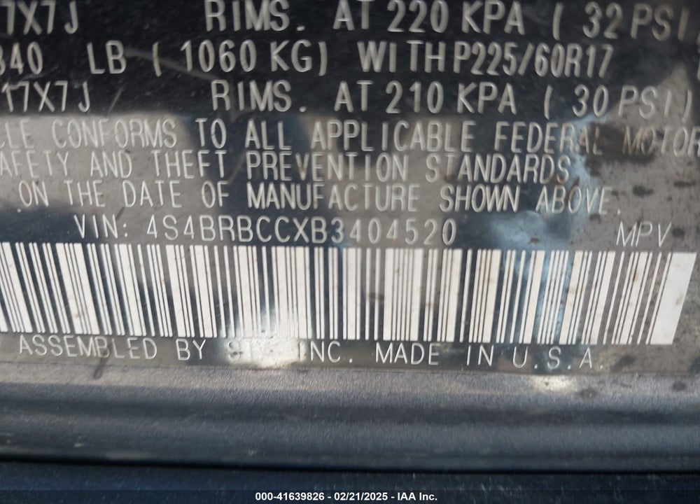 2011 SUBARU OUTBACK 2.5I PREMIUM VIN: 4S4BRBCCXB3404520