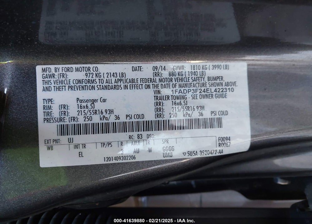 2014 FORD FOCUS VIN: 1FADP3F24EL422310