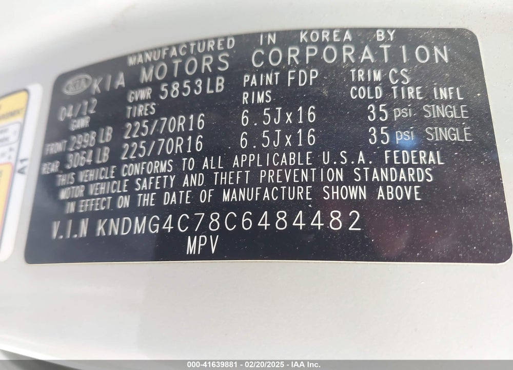 2012 KIA SEDONA LX VIN: KNDMG4C78C6484482