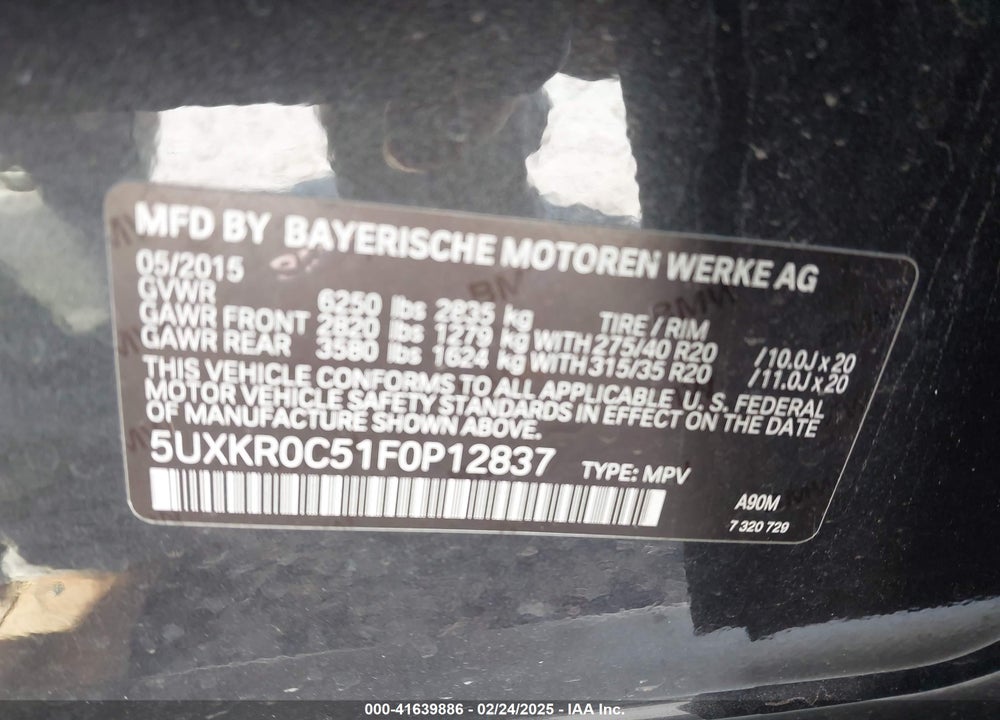 2015 BMW X5 XDRIVE35I VIN: 5UXKR0C51F0P12837