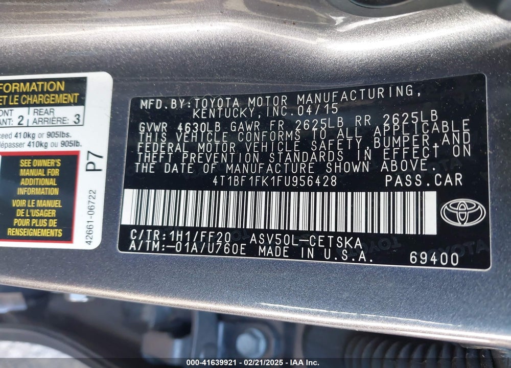 2015 TOYOTA CAMRY VIN: 4T1BF1FK1FU956428