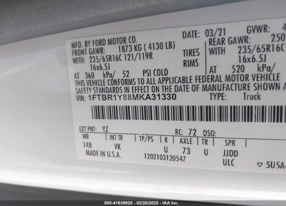 2021 FORD TRANSIT-250 VIN: 1FTBR1Y88MKA31330