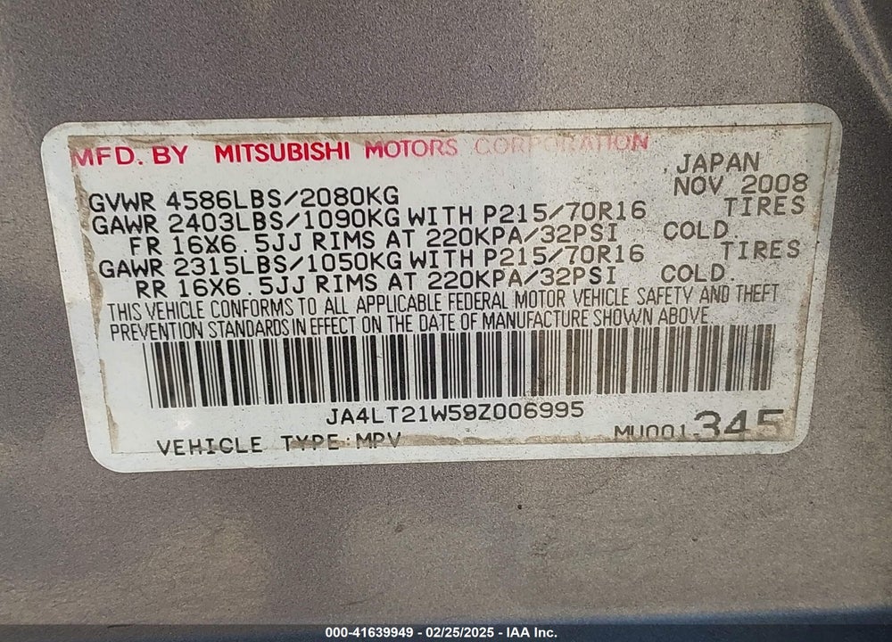 2009 MITSUBISHI OUTLANDER VIN: JA4LT21W59Z006995