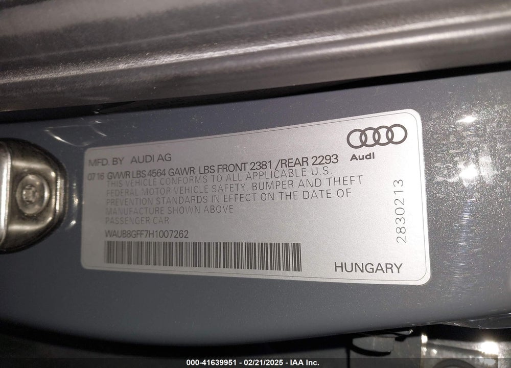 2017 AUDI A3 VIN: WAUB8GFF7H1007262