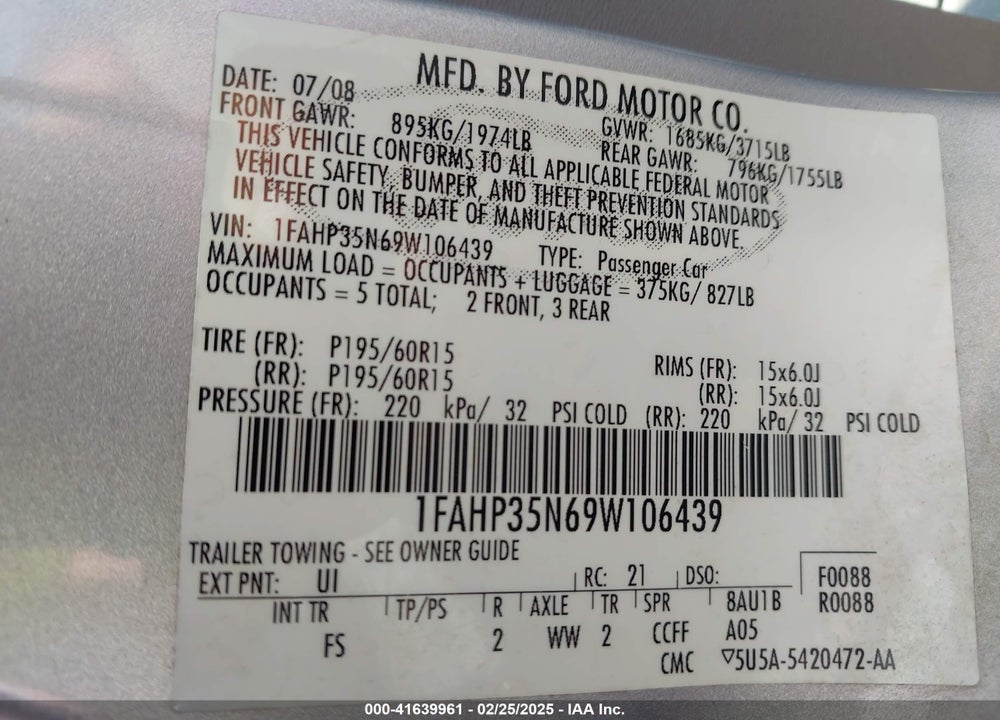 2009 FORD FOCUS VIN: 1FAHP35N69W106439