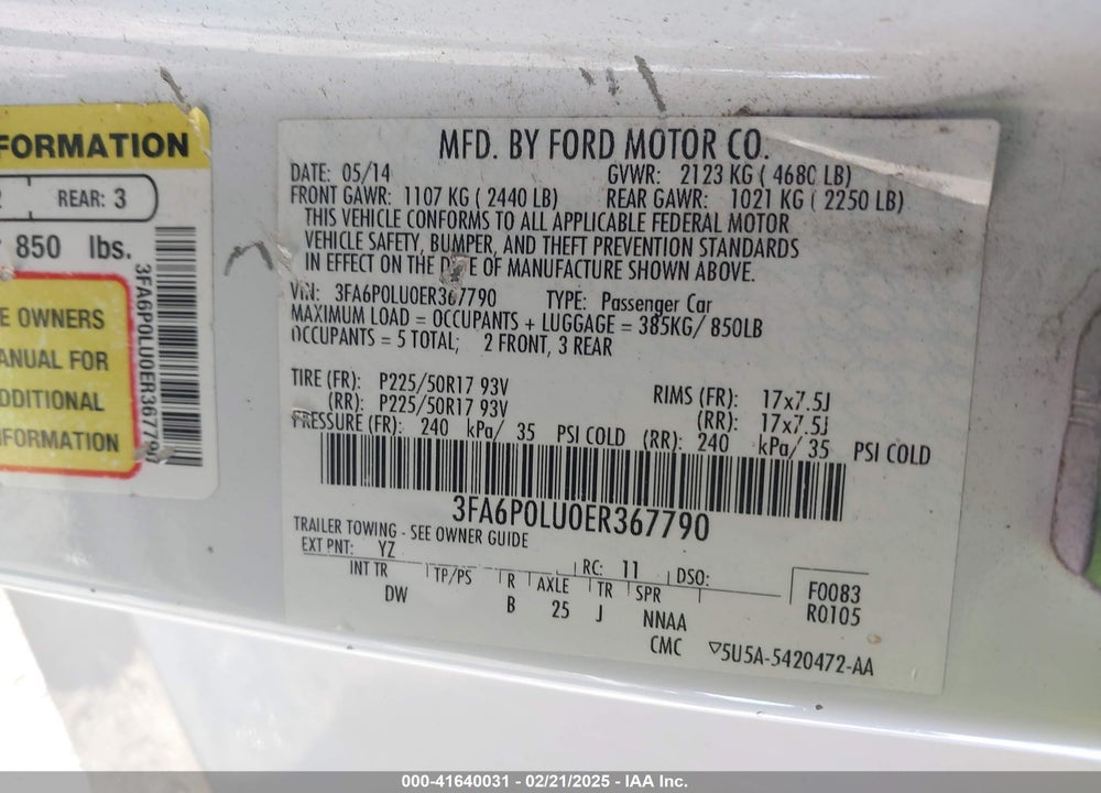 2014 FORD FUSION HYBRID VIN: 3FA6P0LU0ER367790