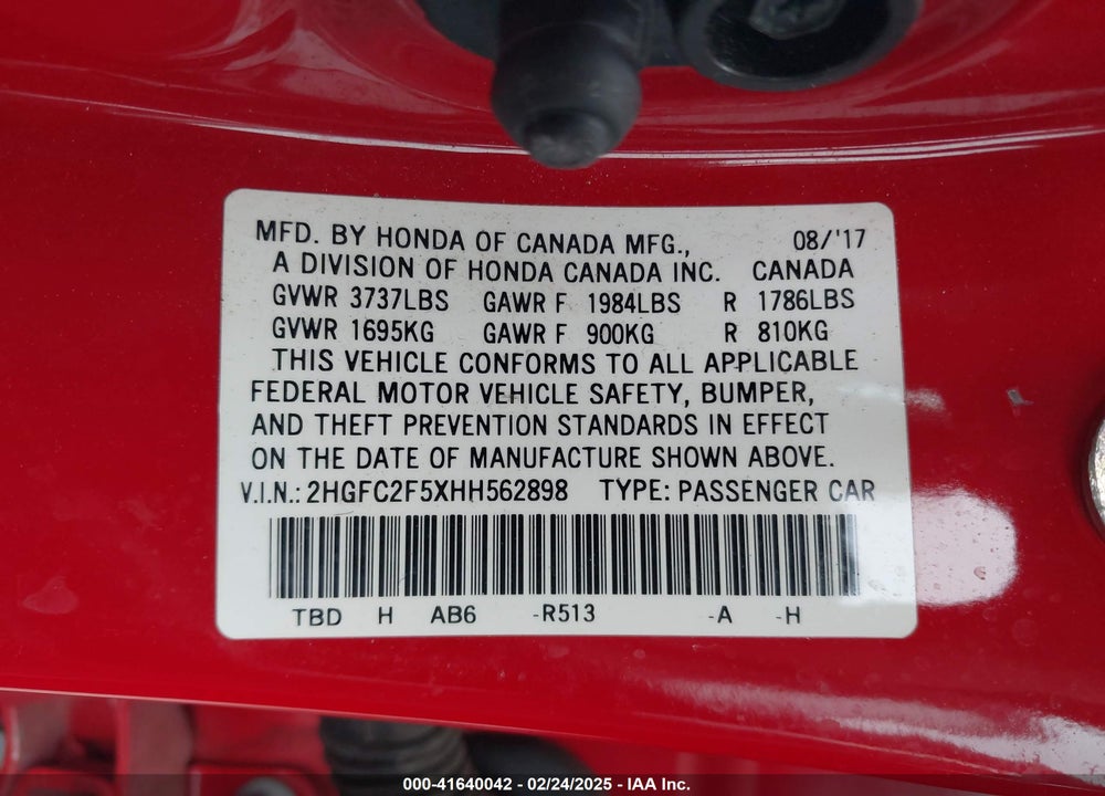 2017 HONDA CIVIC VIN: 2HGFC2F5XHH562898