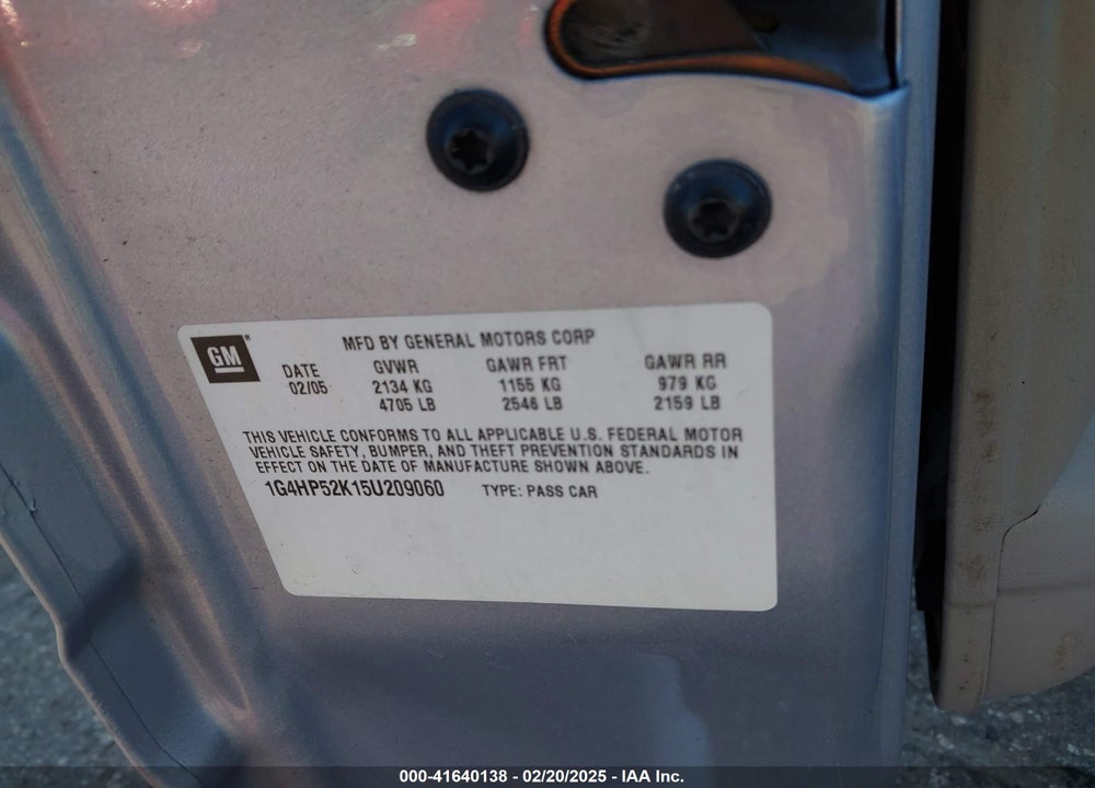 2005 BUICK LESABRE CUSTOM VIN: 1G4HP52K15U209060