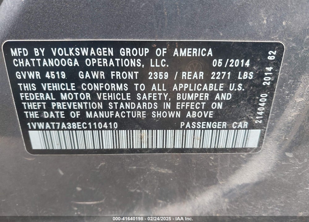 2014 VOLKSWAGEN PASSAT VIN: 1VWAT7A38EC110410