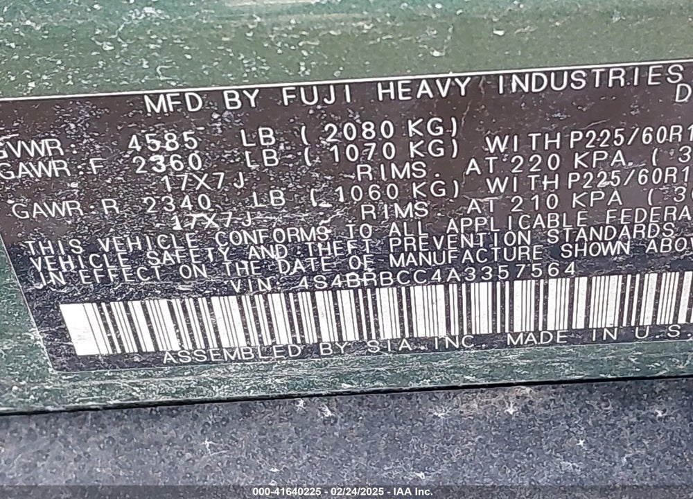 2010 SUBARU OUTBACK VIN: 4S4BRBCC4A3357564