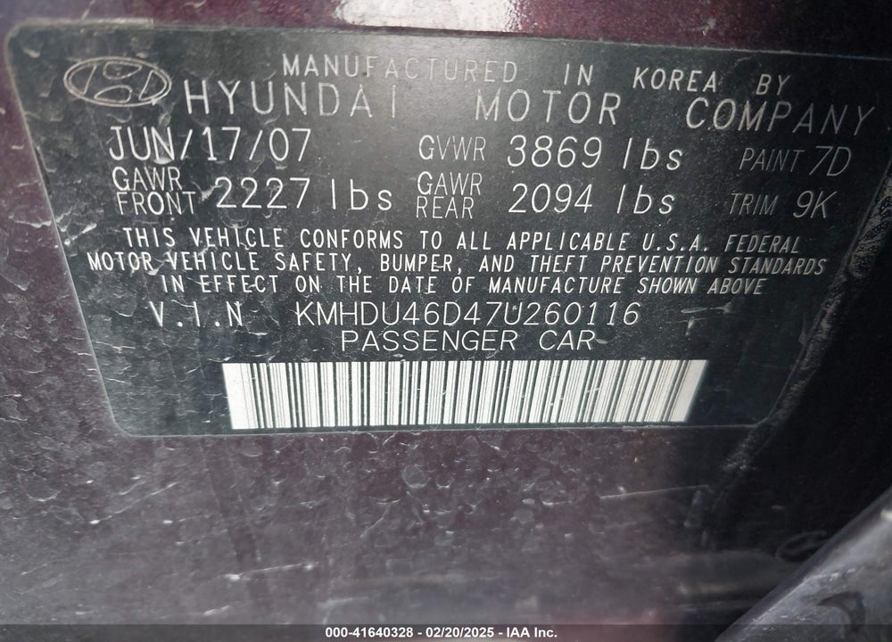 2007 HYUNDAI ELANTRA GLS/LIMITED/SE VIN: KMHDU46D47U260116