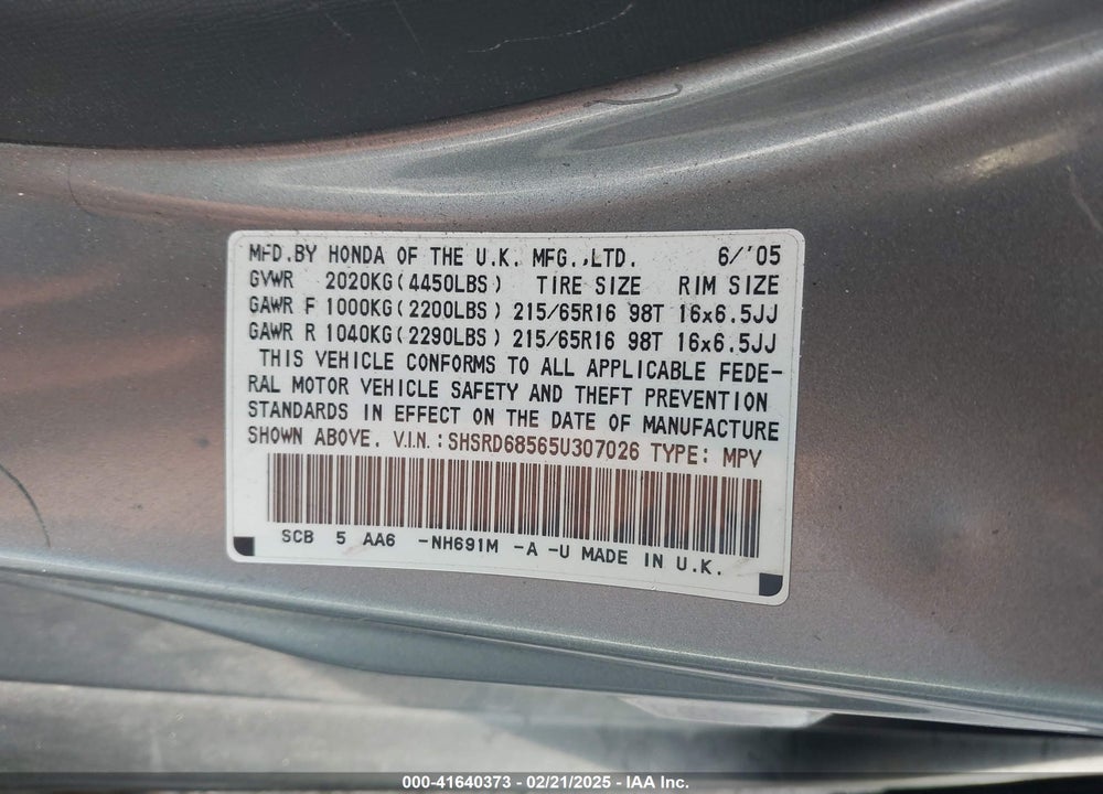 2005 HONDA CR-V LX VIN: SHSRD68565U307026
