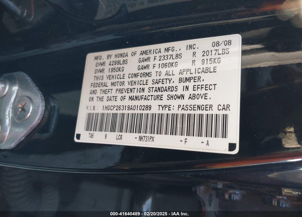 2009 HONDA ACCORD VIN: 1HGCP26319A010289